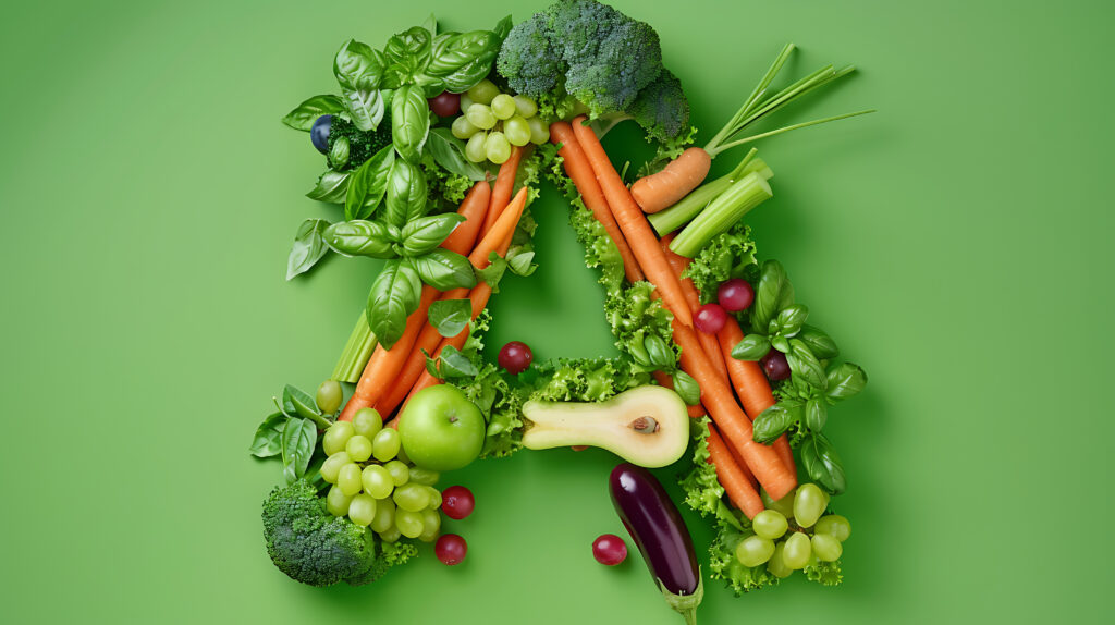 A-vitamint tartalmazó zöldségek A betűt formáznak zöld háttér előtt.