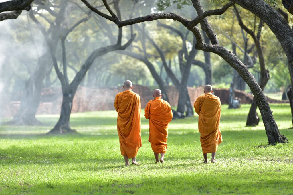 Buddhista szerzetesek sétálómeditáció közben a ligetben