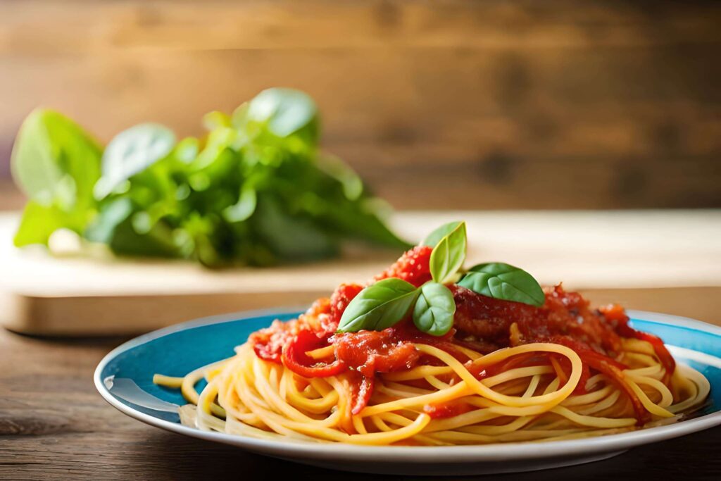 tészta, spagetti, paradicsom, bazsalikom