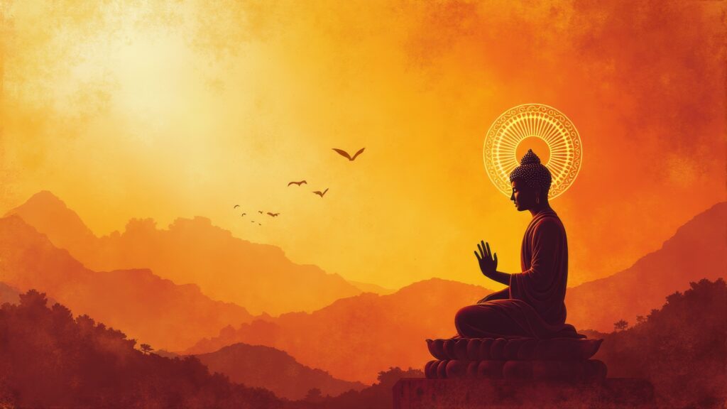 Vészak, Buddha Purnima. Festmény egy buddhista szerzetesről, aki sziklán ül, a háttérben egy nappal. A szerzetes imádkozó helyzetben tartja összekulcsolt kezét.