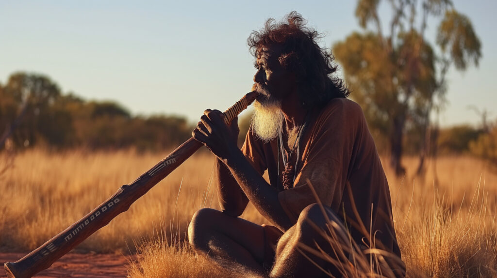 A didgeridoo a létező legősibb fúvós hangszer melyet egy afrikai férfi fúj.