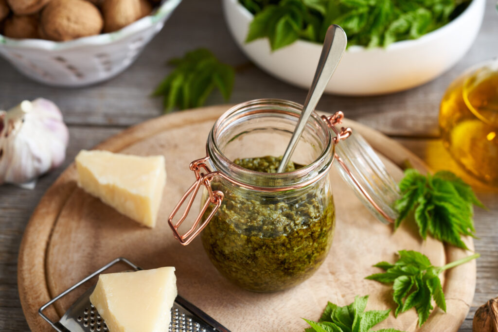 Házi készítésű pesto podagrafűből.