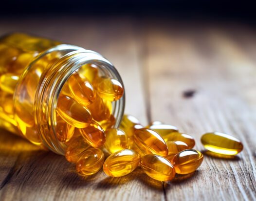 D-vitamin kapszulák egy dobozban az asztalon.