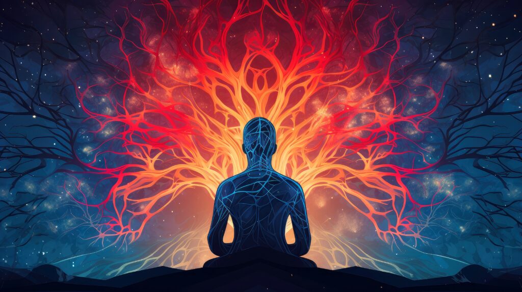 Emberi meditáció, jóga. Pszichikus ember mérlegeli az elmét és a szívet. Spiritualitás, intuíció, ezotéria,  fókuszálatlan fényekkel. Univerzum, pszichikus hullámok koncepciója.