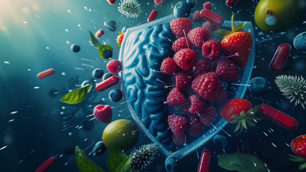 Immunrendszer Védelem Pajzs alakú szerv, amelyet védőelemek, például vitaminok és antioxidánsok vesznek körül, és az immunrendszer betegségekkel szembeni védekezésben betöltött szerepét szimbolizálja.
