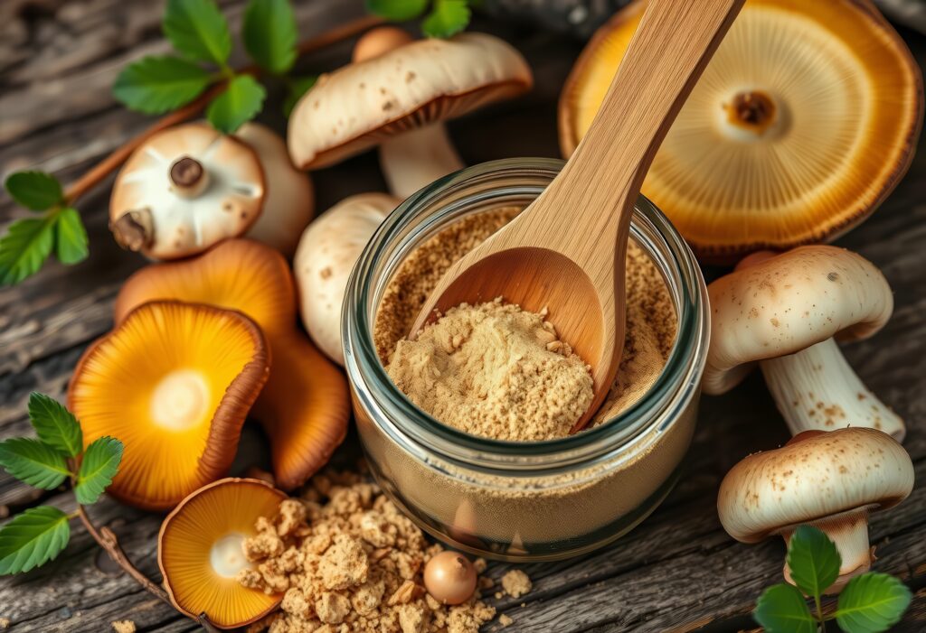 Immunerősítő, gyulladáscsökkentő gomba üvegben por formájában és egészben egy asztalon.