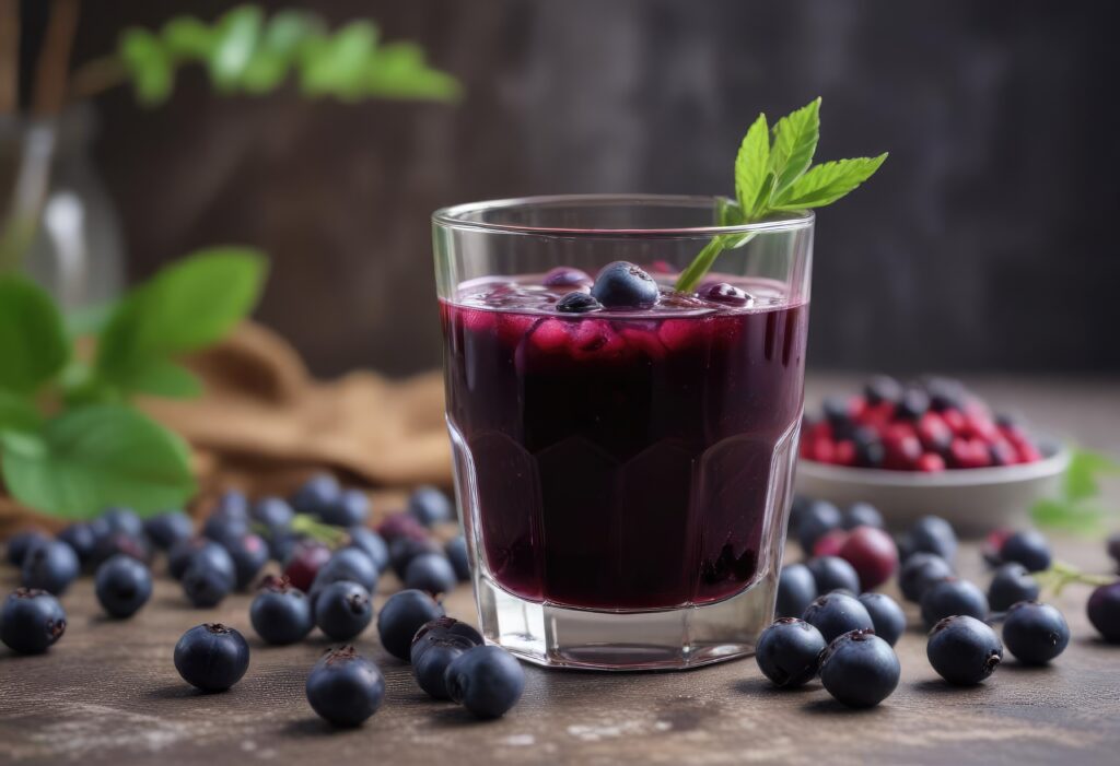 Arónia bogyók az asztalon és juice formájában pohárban.
