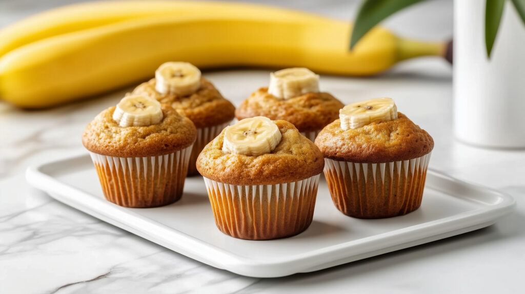 Gesztenyés banános muffin tálcán, háttérben banánok egészben.