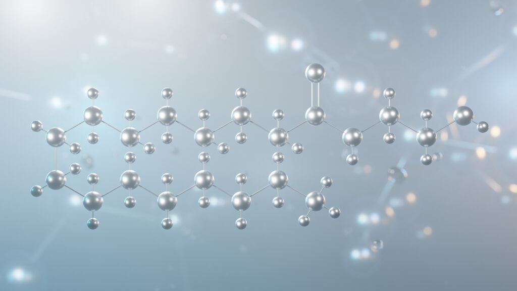 palmitoil-etanolamid molekulaszerkezet, 3D-s modellmolekula, hidroxietil-palmitamid, szerkezeti kémiai képlet mikroszkópos nézetben