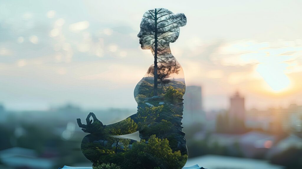 Dupla expozíció egy nő meditálásáról nyugodt természeti elemekkel, a harmóniát és a belső békét szimbolizálva. Ideális a wellness-koncepciókhoz.