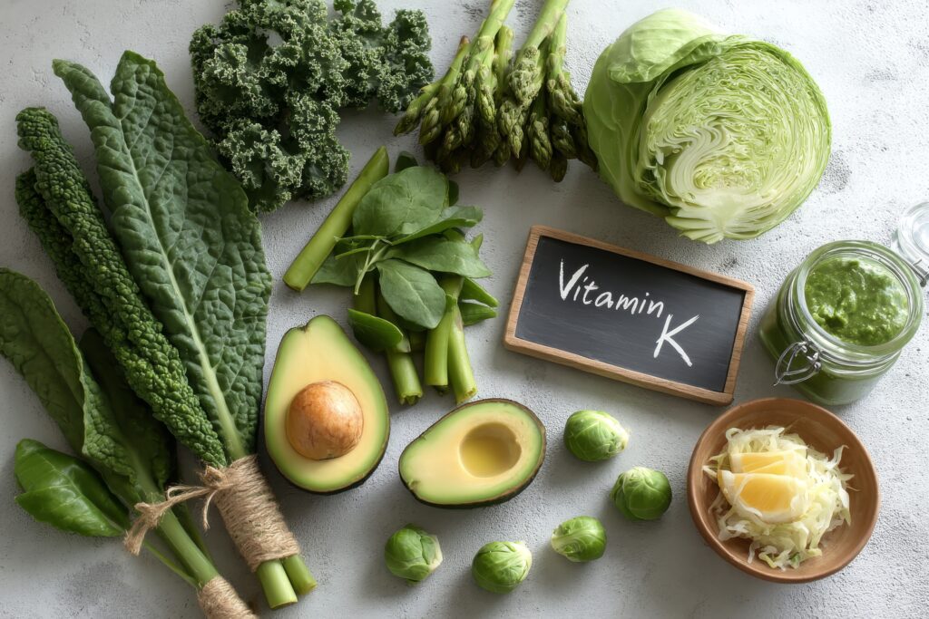 K-vitamint tartalmazó növények: avokádó, spenót, káposzta, kelbimbó, spárga egy asztalon.