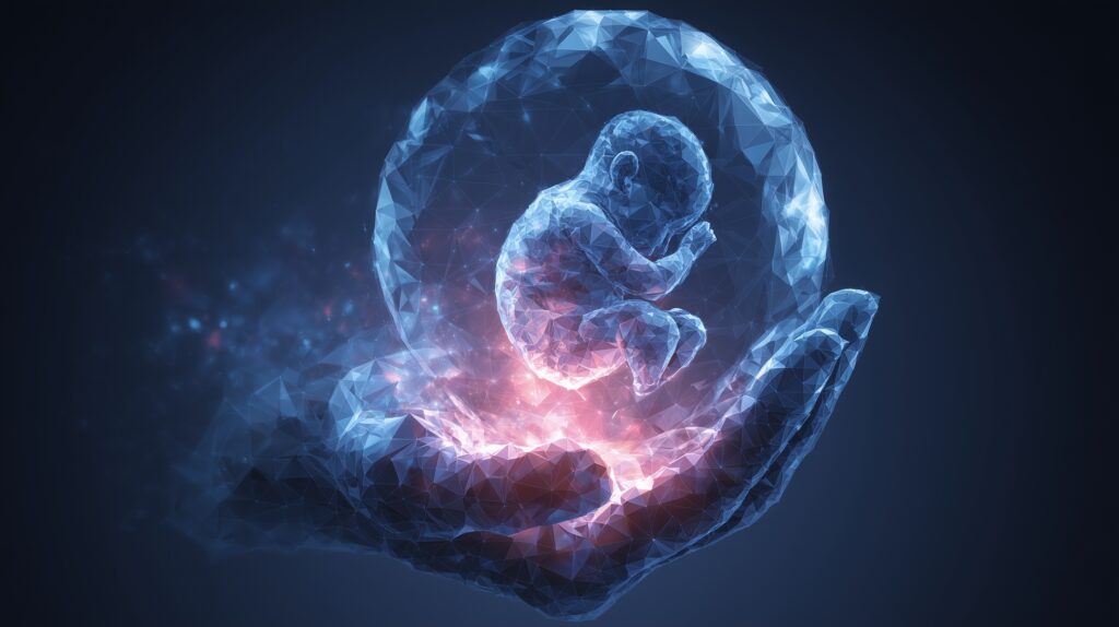 Kezében egy védőgömbön belül izzó DNS-hélix és embrió látható, ami genetikai vizsgálatot és prenatális DNS-elemzést jelképez.