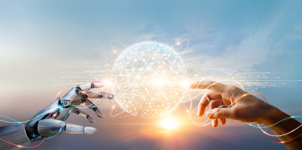 MI, gépi tanulás, robotok és emberek kezei érintik a globális hálózati kapcsolat big data-adatait, internet és digitális technológia, tudomány és mesterséges intelligencia digitális technológiák futurisztikus formában.