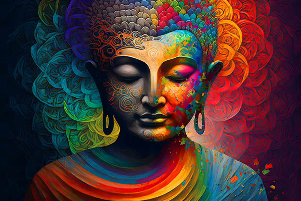 Buddha képe egy digitális művészeti kollázs, amelyet pszichedelikus tónusú akvarellfestékkel kombináltak. Önismeret. Zen, spirituális jólét.