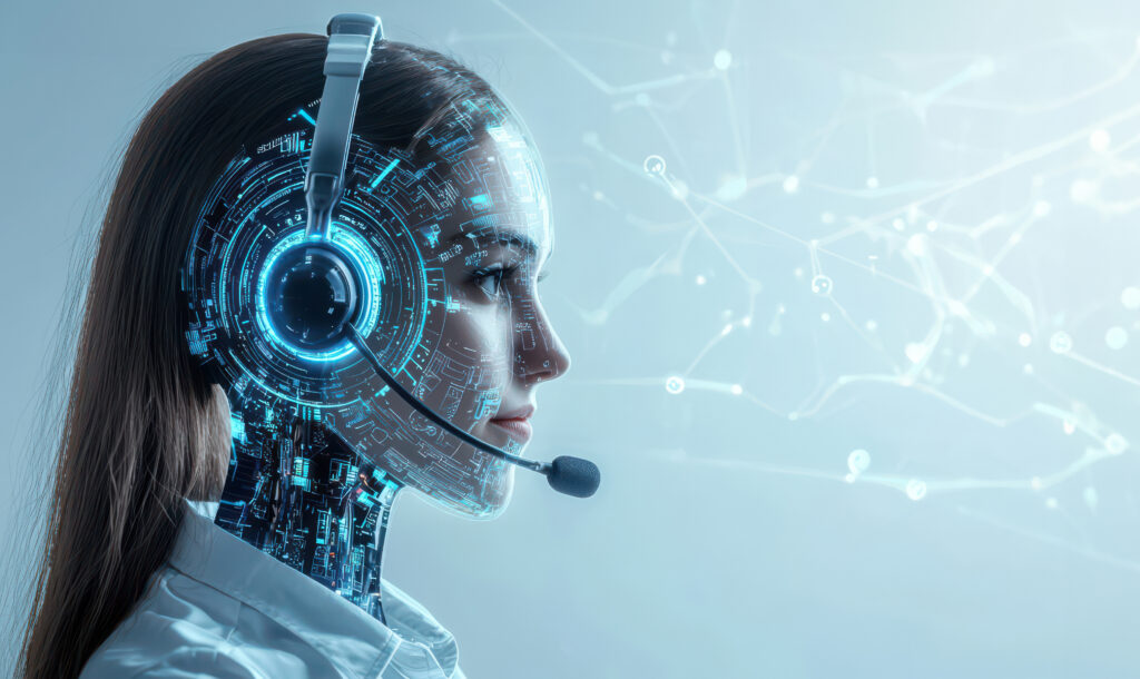 Futurisztikus nő digitális headsettel, a technológia és az emberi interakció ötvözésével, a kommunikáció innovációját szimbolizálja, mesterséges intelligencia által vezérelt call center koncepció.