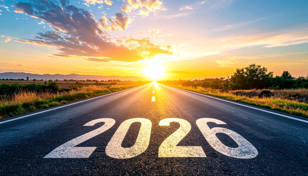 2026-os célok elérésének illusztrálása egy hosszú úton a naplementében.