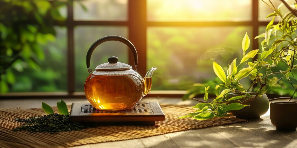 Frissen készült organikus tea egy asztalon körülötte tealevelekkel.