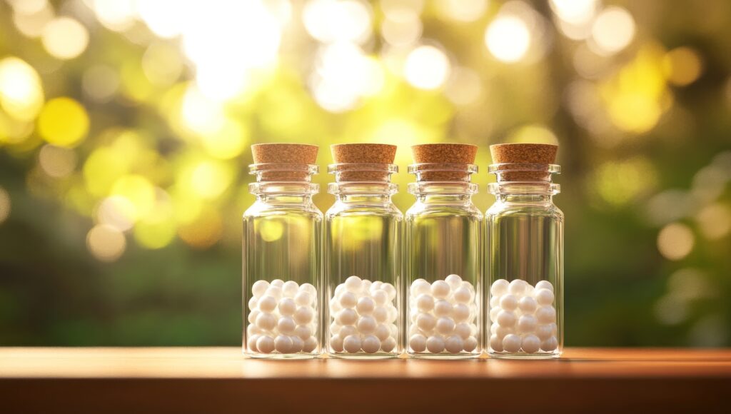 Négy kis üvegpalack, tele fehér homeopátiás tablettákkal, napsütötte zöld háttér előtt. A természet érintése a gyógyításban.