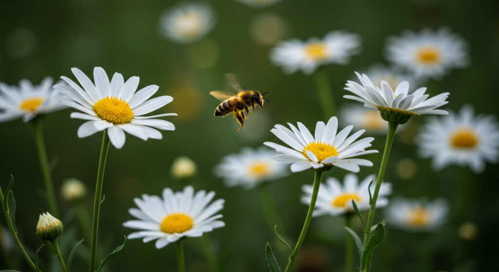 Bellis perennis, százszorszép virág a mezőn méhecskével.