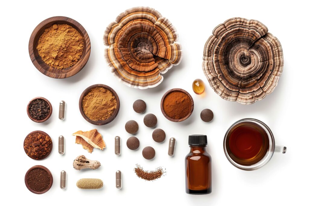 Reishi gomba, Ganoderma lucidum egészségügyi termékek, beleértve a ganoderma port, tablettákat, ganoderma kávét, teát, arckrémet és bőrszérumot. 