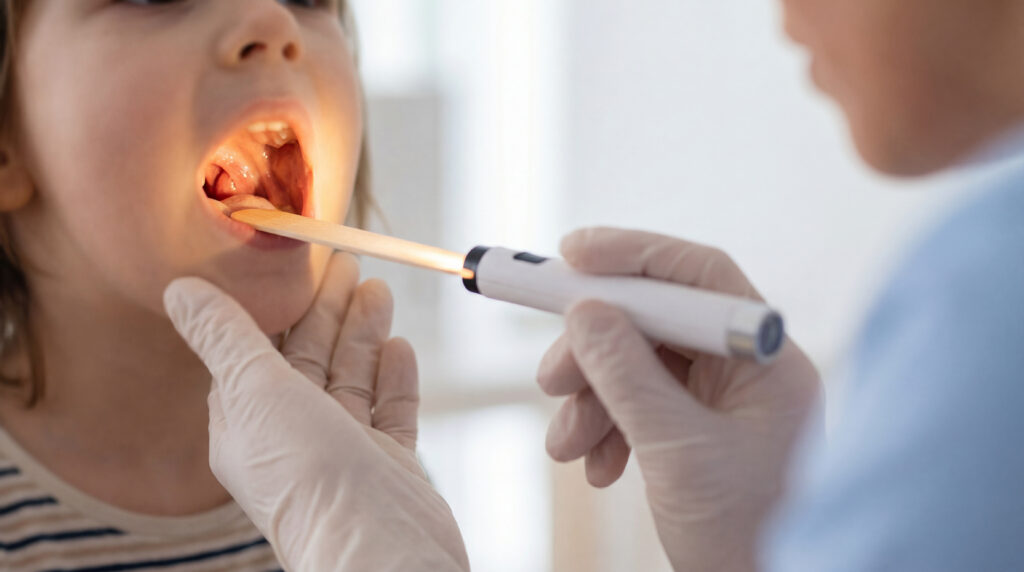 Fül-orr-gégész diagnosztikai vizsgálatot végez egy gyermek szájüregében és manduláin, streptokokkinfekció vagy angina tünetei után kutatva egy megvilágított orvosi eszközzel