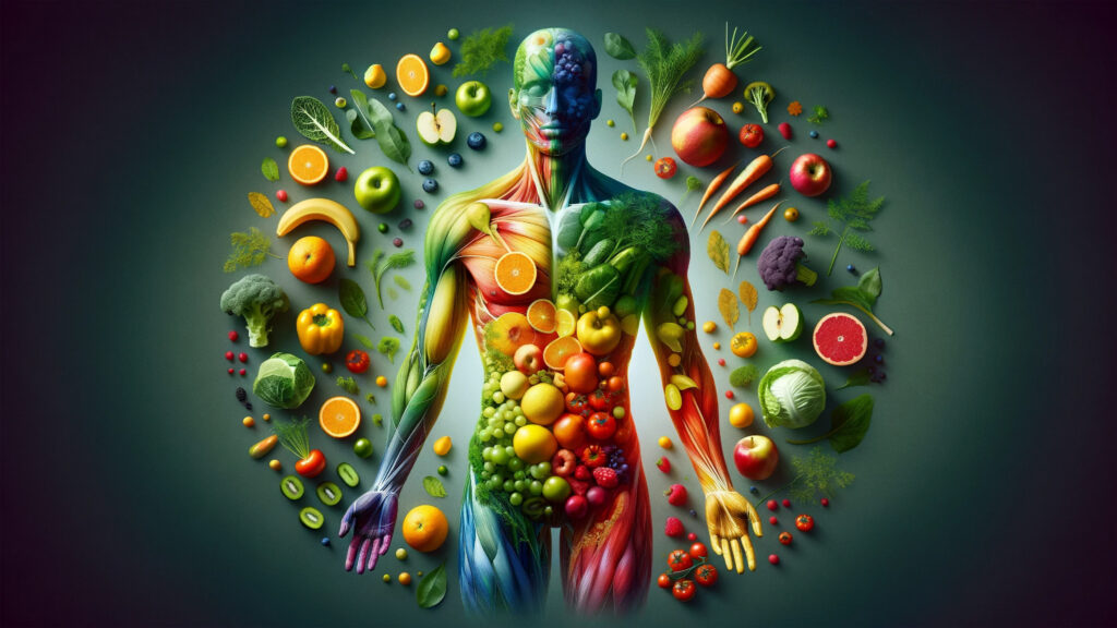 Illusztráció, egy emberi testet körülvesz rengeteg vitaminban gazdag egészséges zöldség és gyümölcs.
