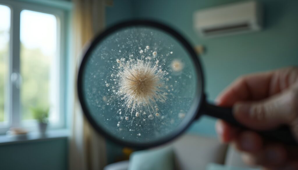 Nagyító alá vett pollen, allergén a lakásban.