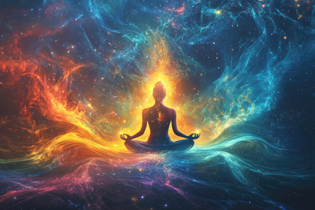 Meditáció illusztrálása. Színes fények, lángok vesznek körül egy meditáló alakot.