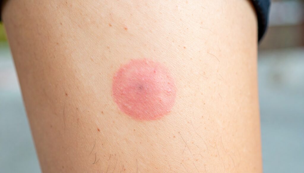 Lyme kór tünete, piros bőr kör alakban. 