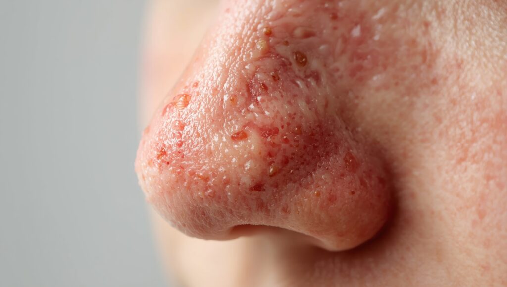 Rosacea-s orr, piros, szederjes, kitüremkedő bőr.