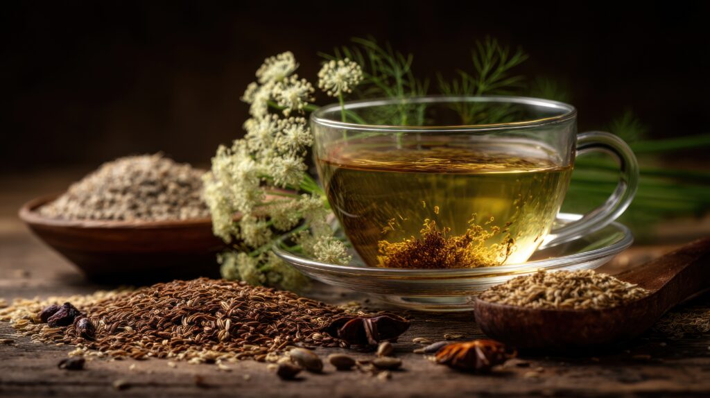 Kömény tea csészében maggal és virággal.