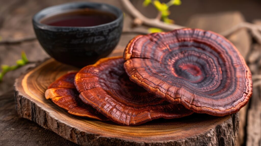 Reishi – azaz pecsétviaszgomba (Ganoderma lucidum) egy asztalon.