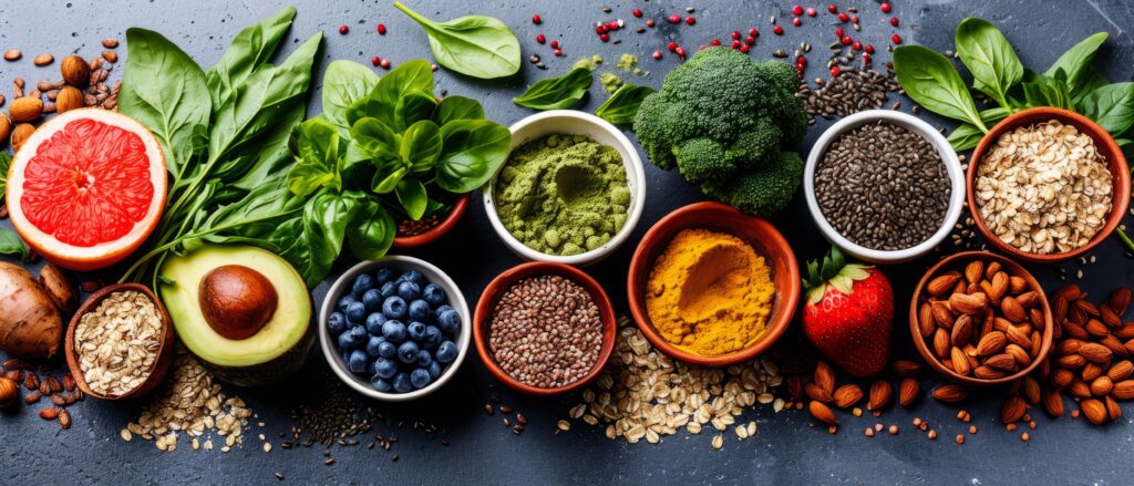 Superfood. Kék háttér előtt magok, bogyós gyümölcsök, avokádó, zöld levelek kis tálakban.