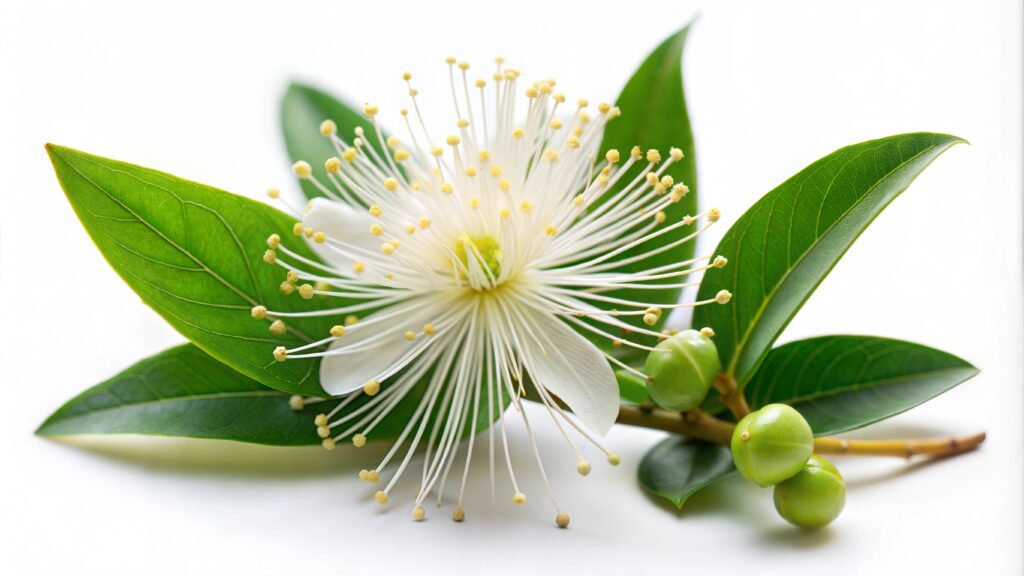 Mirtusz (Myrtus communis) virág a termésével, gyógynövény.
