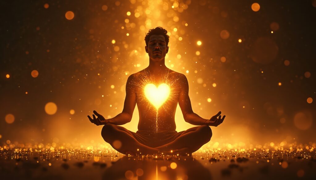 Meditáló férfi illusztráció. Törökülésben ül miközben a testében egy  fénylő szív rajzolódik ki.