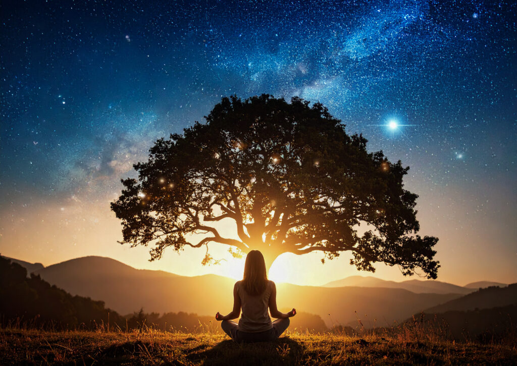 Fa előtti meditáció napnyugtakor.