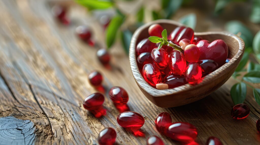 Szív alakú fa edényben piros vitaminok..