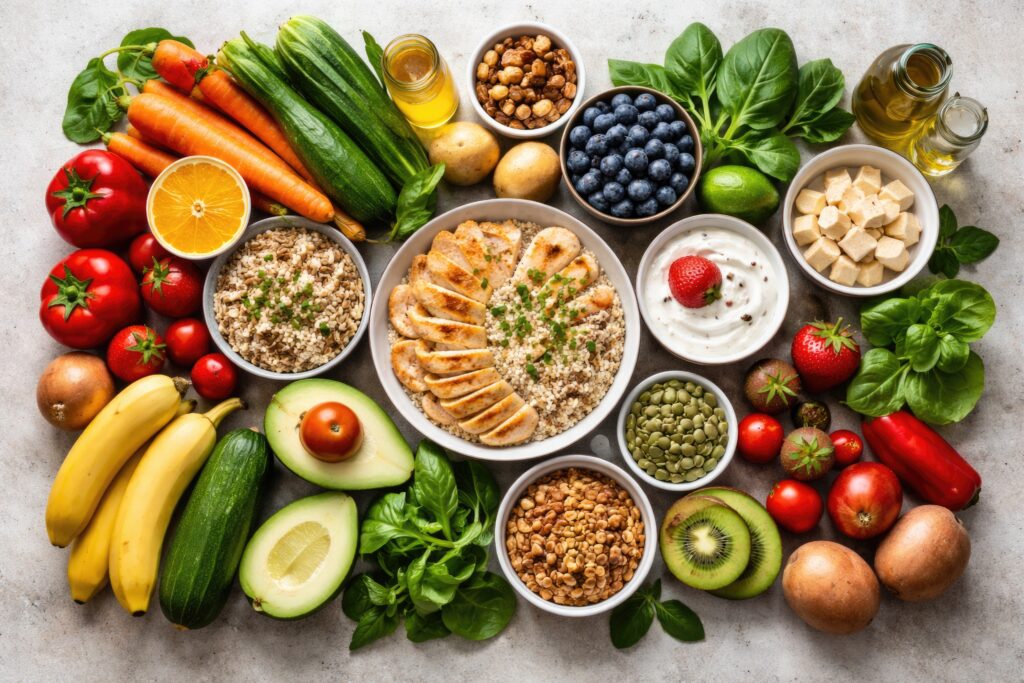 FODMAP élelmiszerek egy asztalon. Gabonák, zöldleveles zöldségek, avokádó, banán, áfonya.