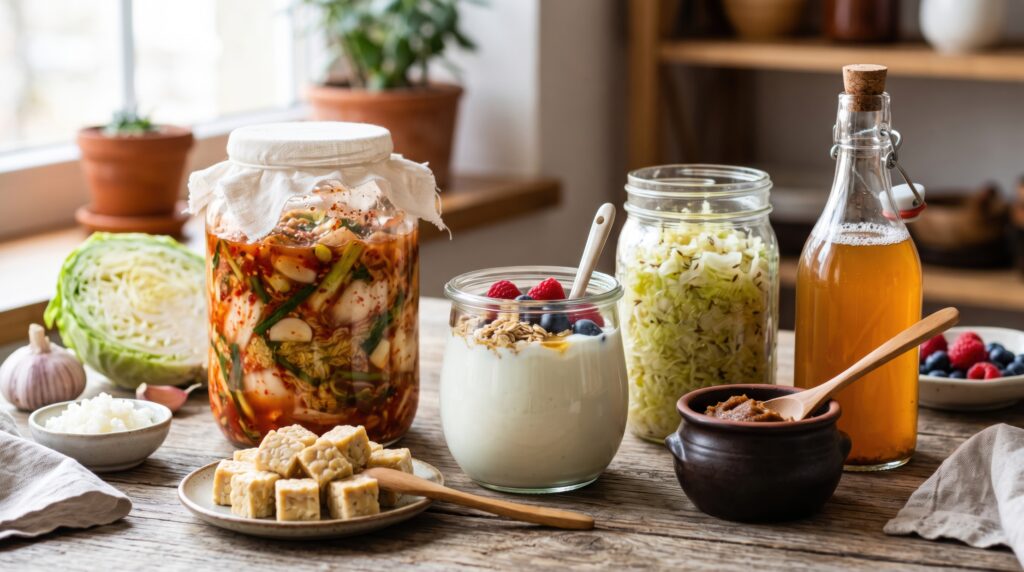 Természetes probiotikumok, joghurt, fermentált zöldségek, komucha üvegben.